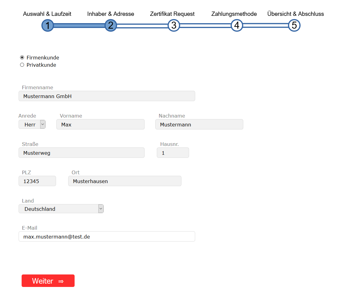 Bestellvorgang - Inhaber und Adresse