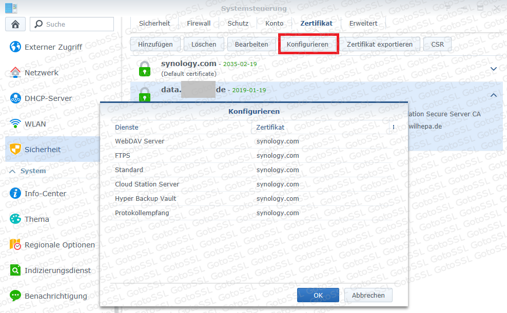 Einrichtung des neuen SSL Zertifikats