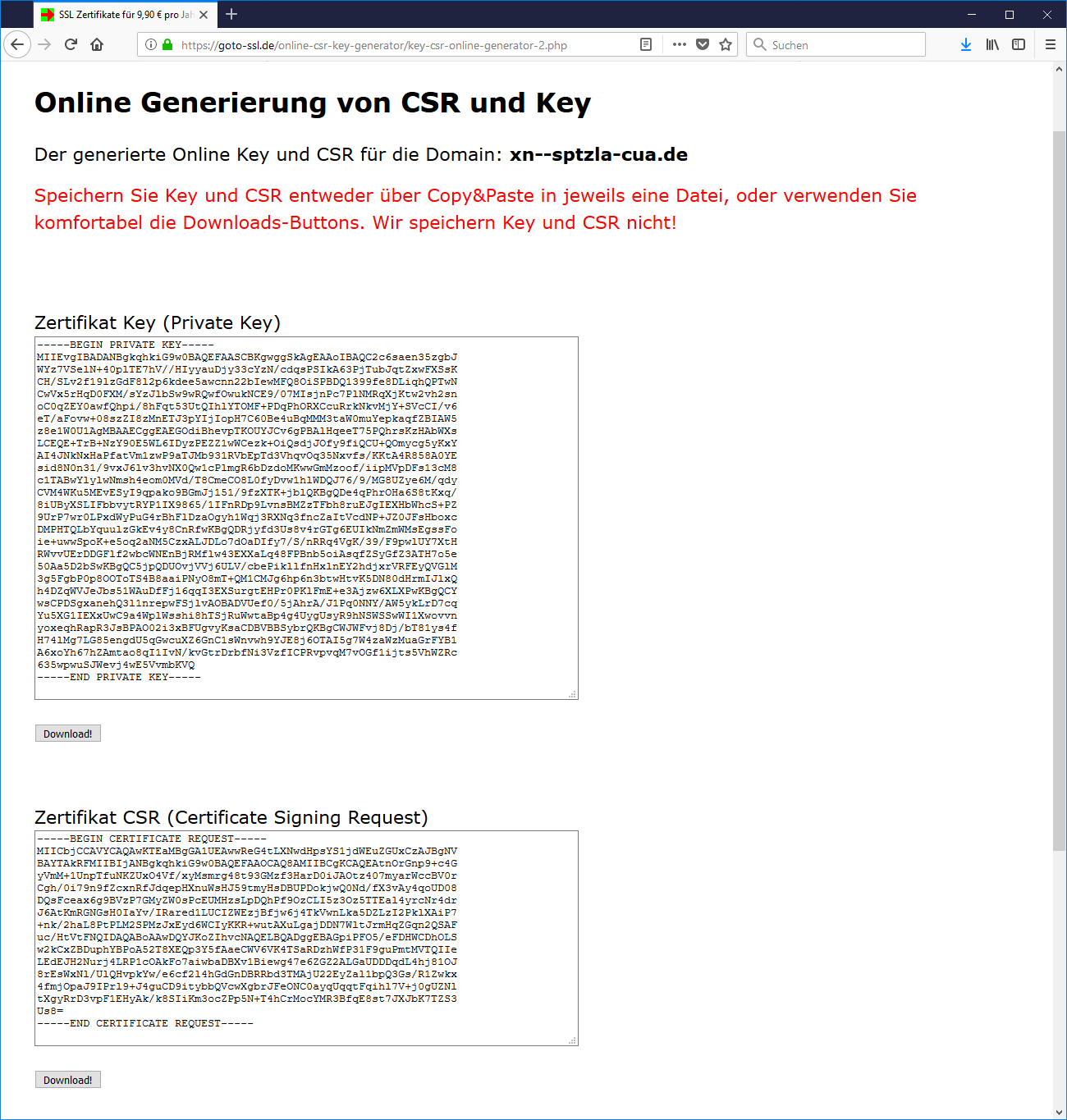 Online Generierung von CSR und Key 2